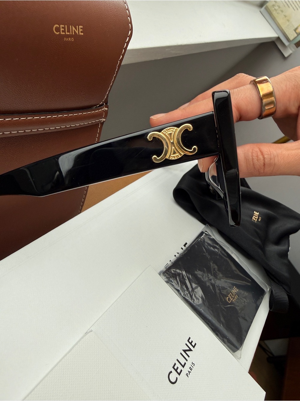Celine Black Square Acetate Sunglasses with Gold Triomphe Emblem - Picture 3 of 6